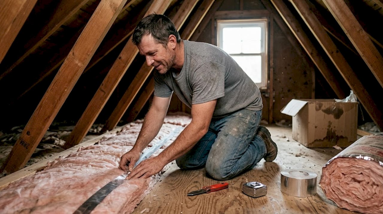 Contractor installing attic insulation in Illinois home