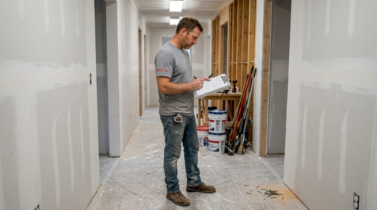 Contractor checking renovation task sequence on clipboard