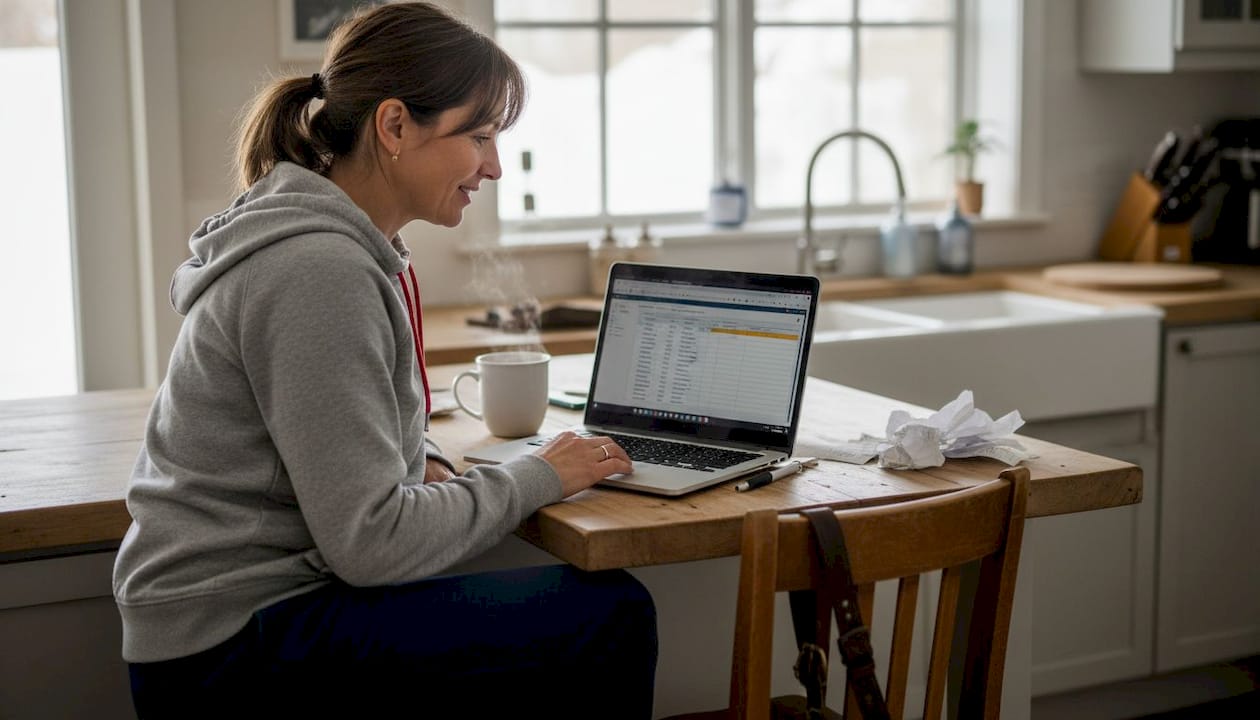 Homeowner tracks renovation on kitchen laptop