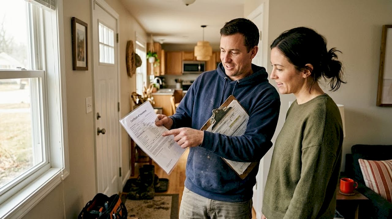 Contractor presenting insurance certificate to homeowner