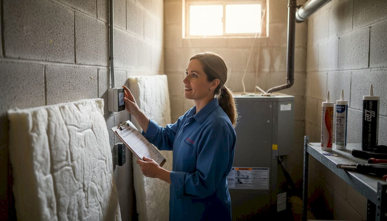 Person adjusts smart thermostat near new HVAC