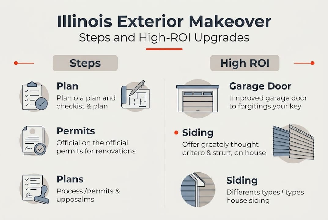 Infographic showing Illinois exterior makeover steps and ROI upgrades