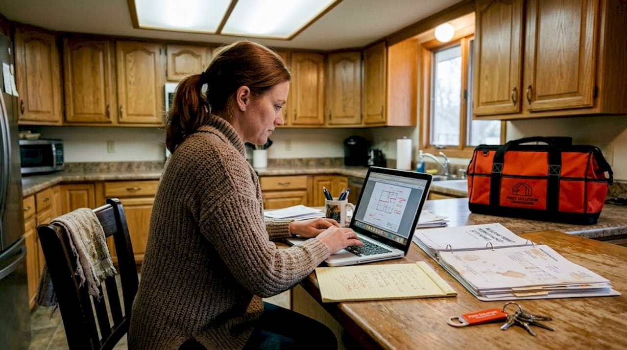 Homeowner calculating remodeling budget at kitchen counter