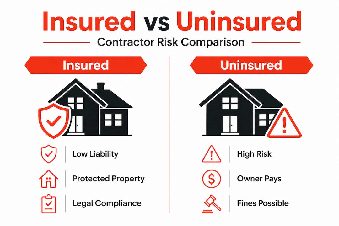 Split infographic: insured contractor versus uninsured