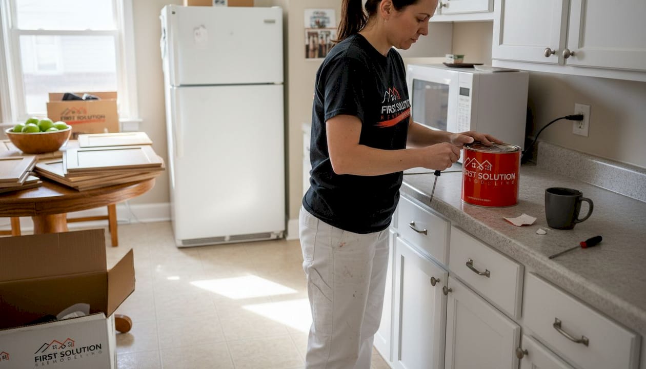 Woman updating kitchen cabinet hardware in Illinois home