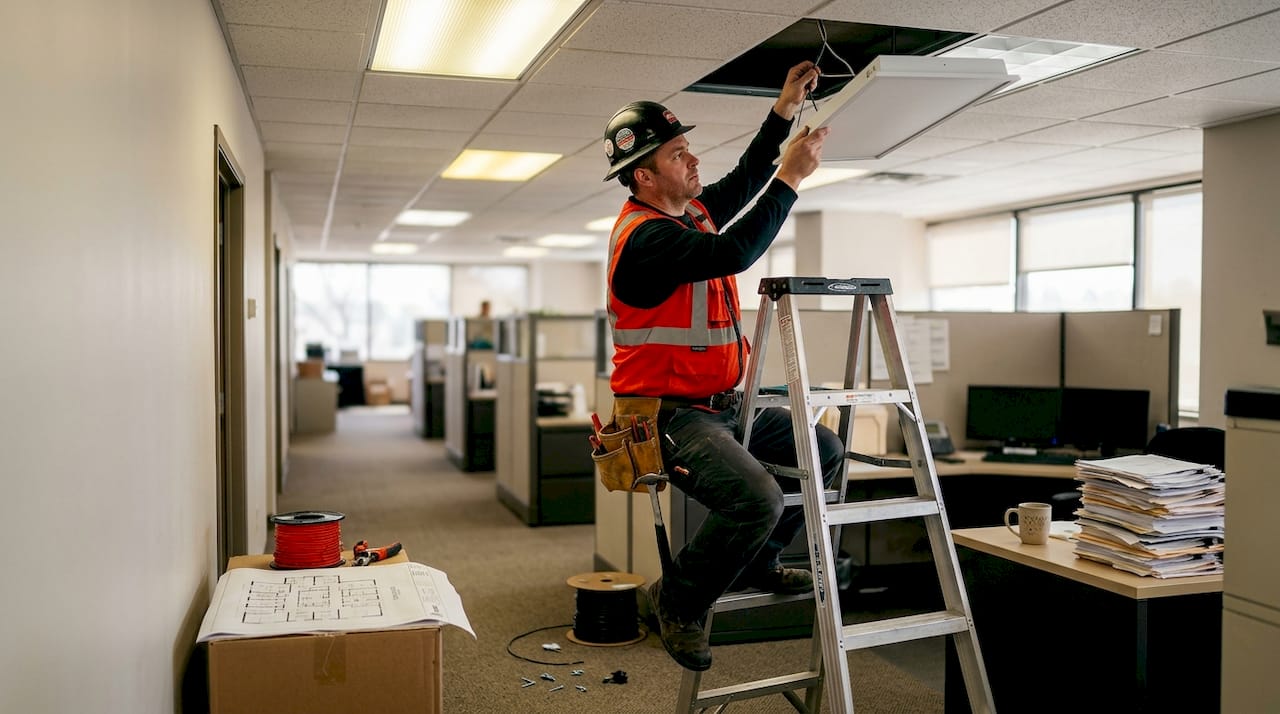 Electrician replacing office ceiling lighting
