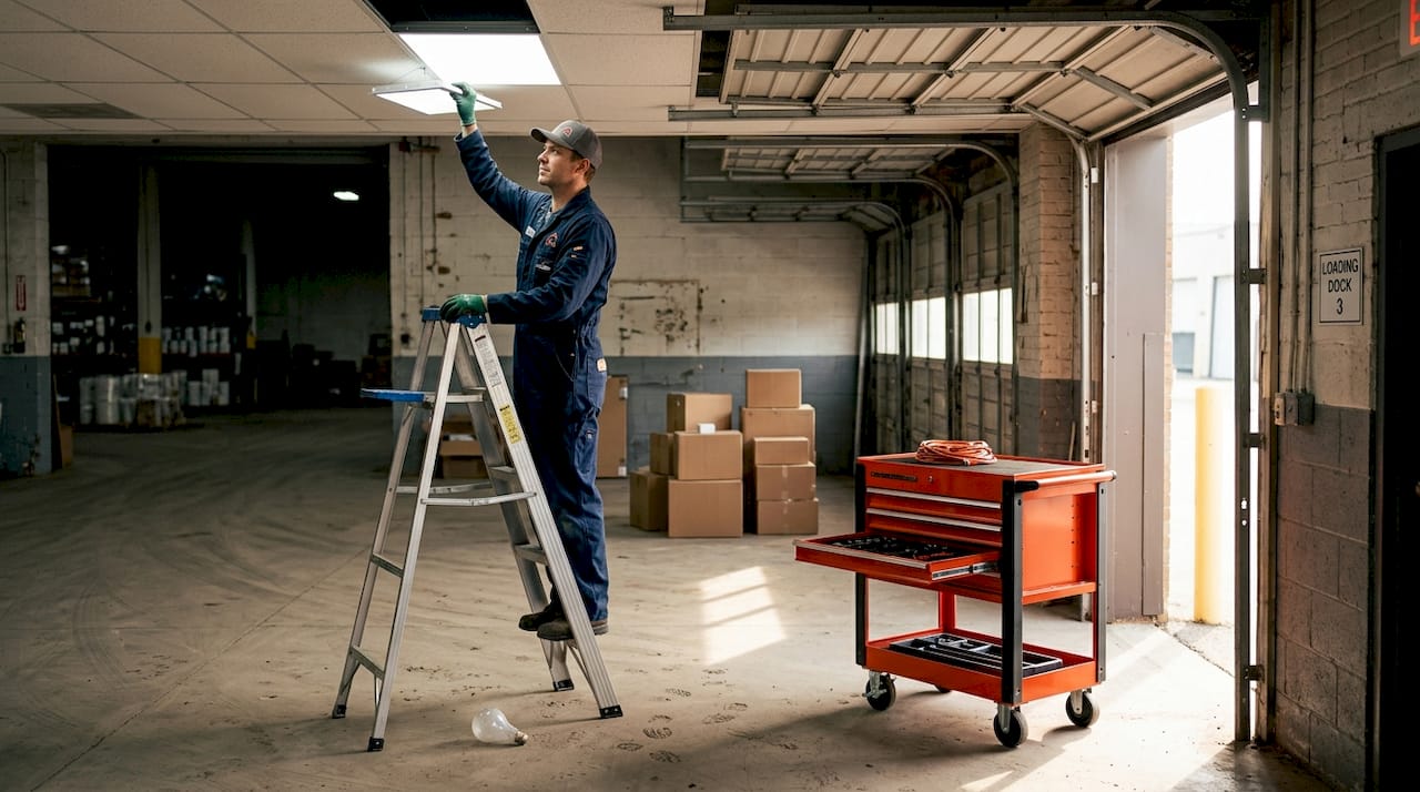 Technician installs LED panels in warehouse loading area