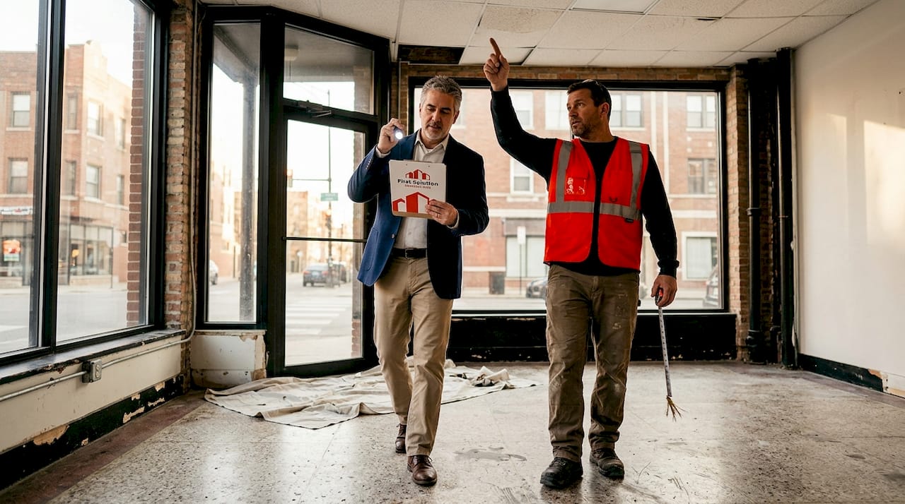 Architect and contractor inspecting commercial space