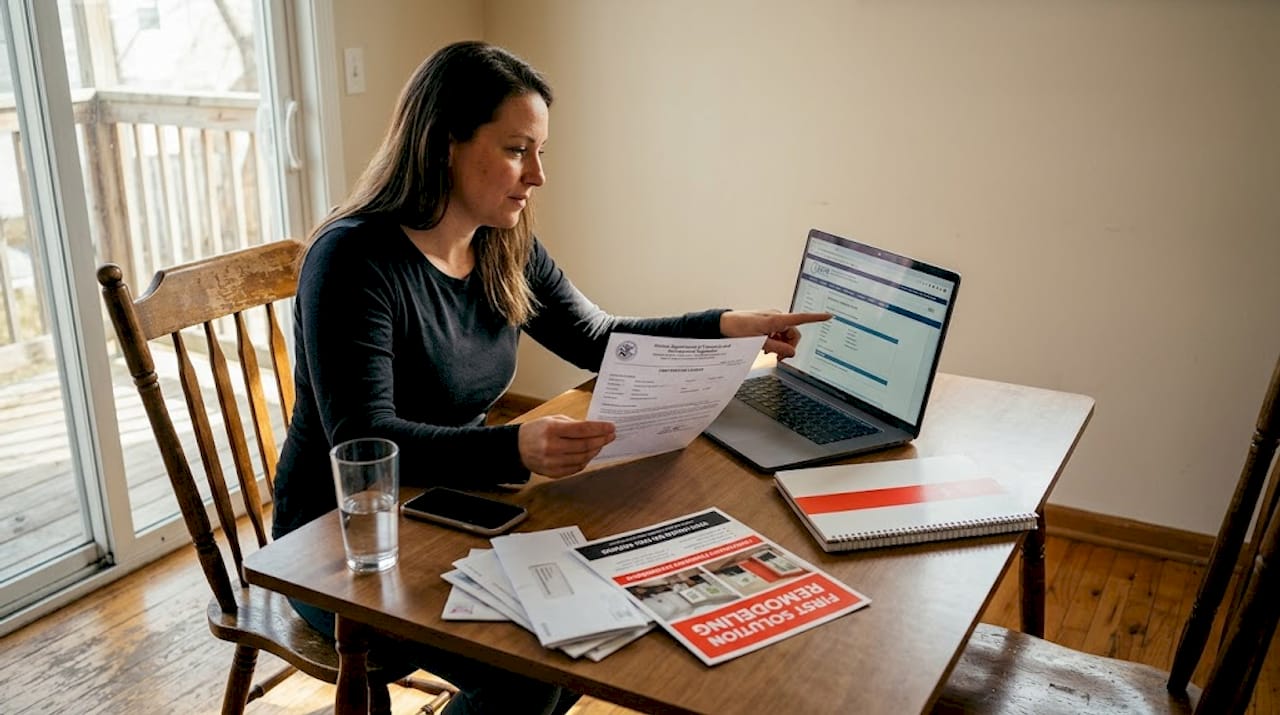 Homeowner verifying contractor license on laptop