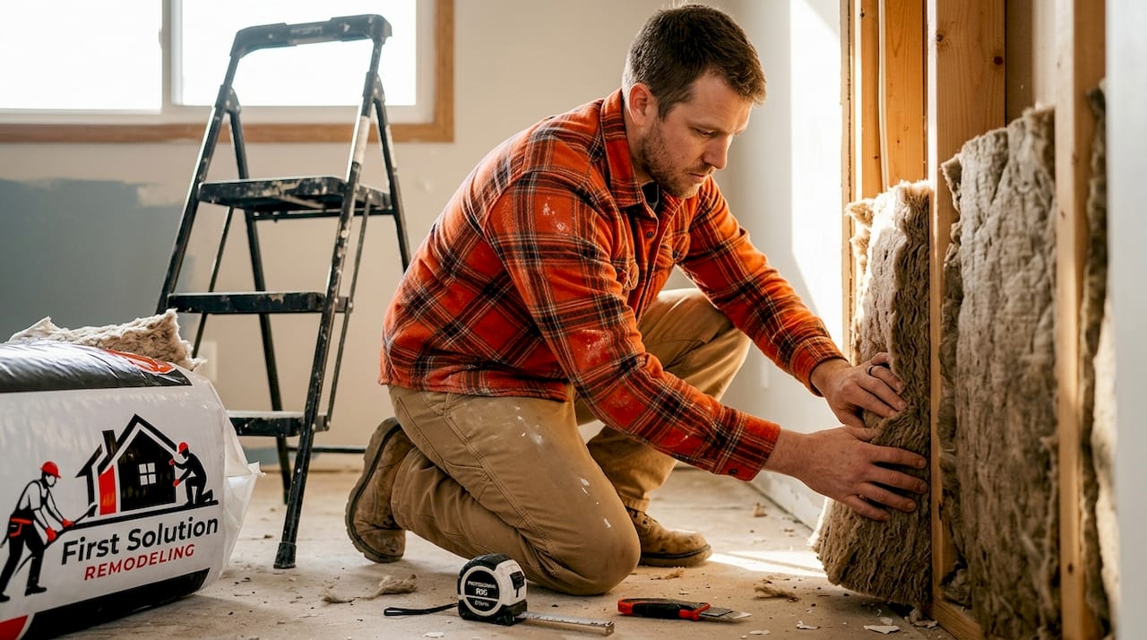 Installer fitting acoustic insulation in wall