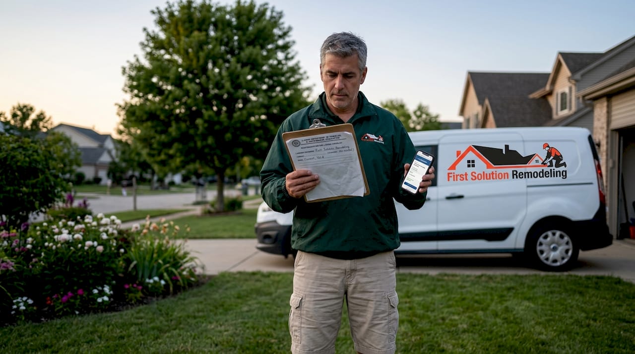 Inspector checking roofing contractor paperwork