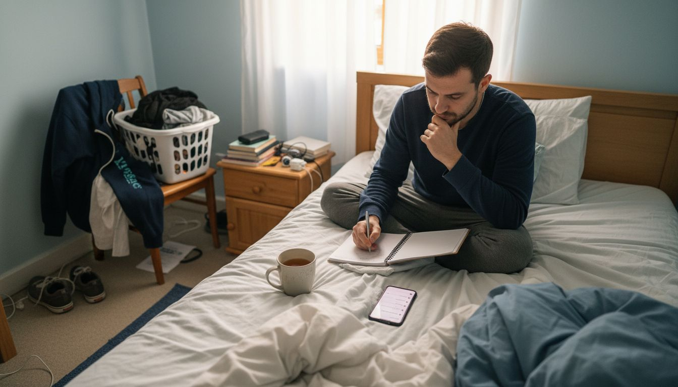 Man setting decluttering goals in bedroom