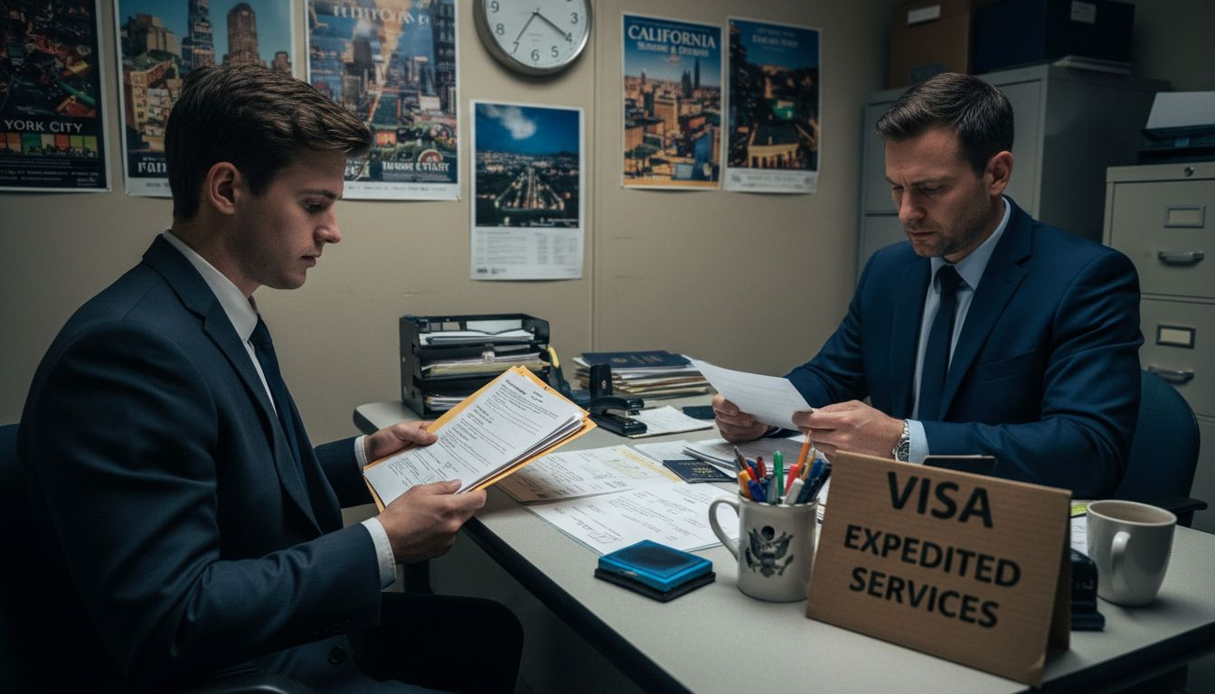 Applicant and consular officer at embassy interview desk