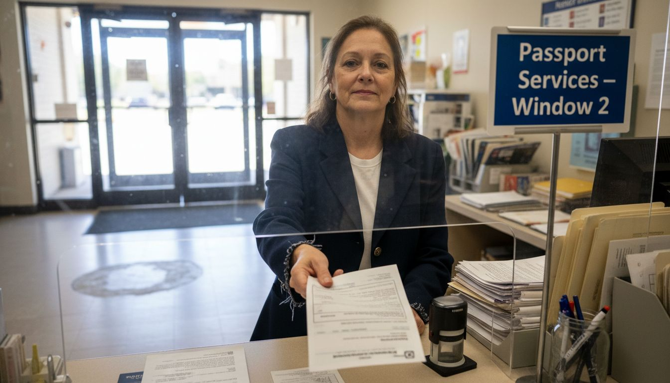 Agent helping customer at post office counter