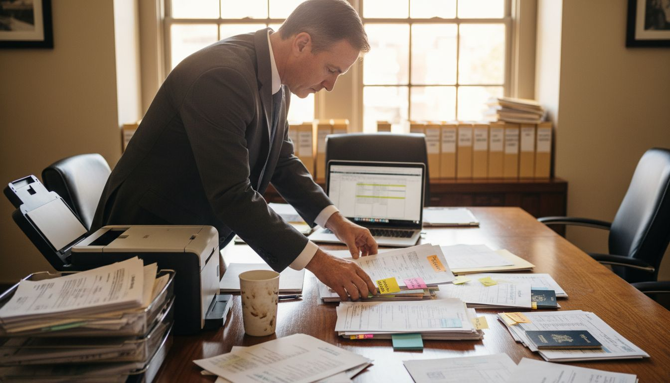 Traveler sorting urgent visa paperwork