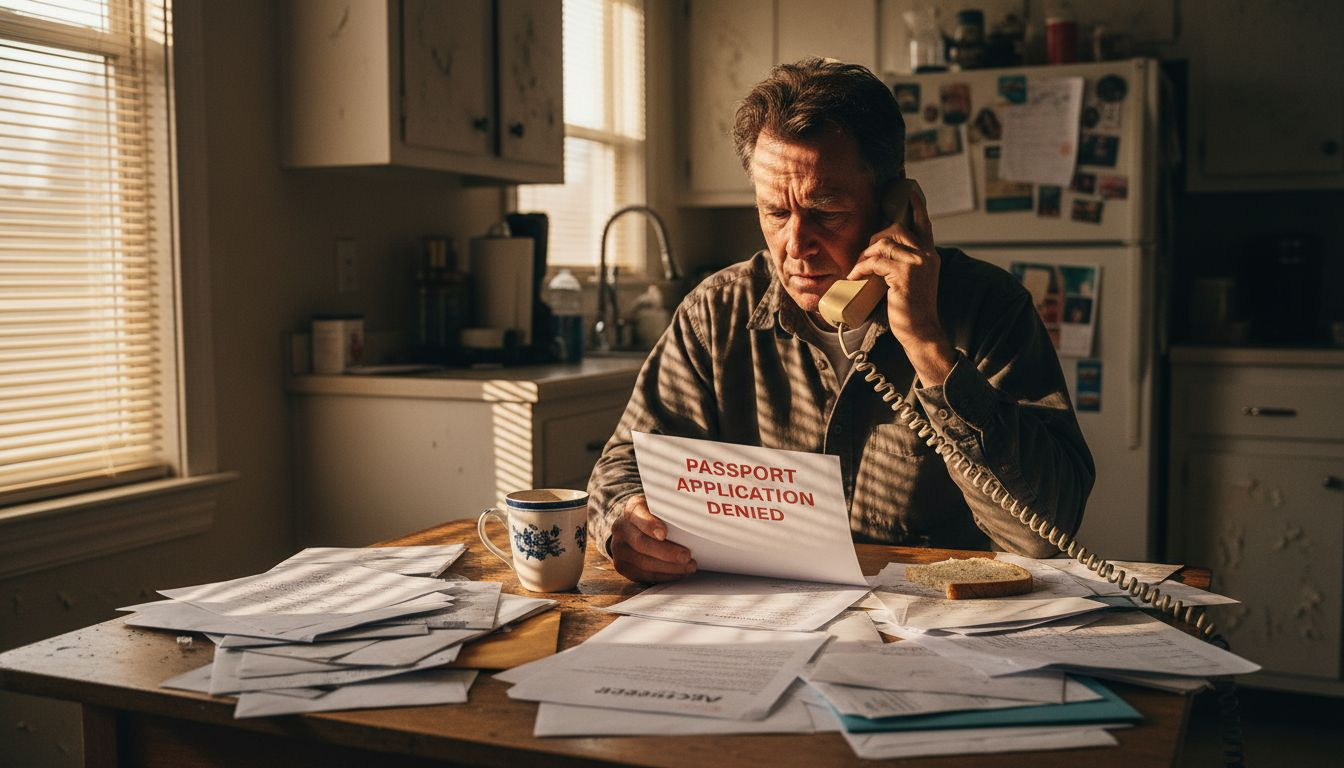 Man at home dealing with passport denial notice