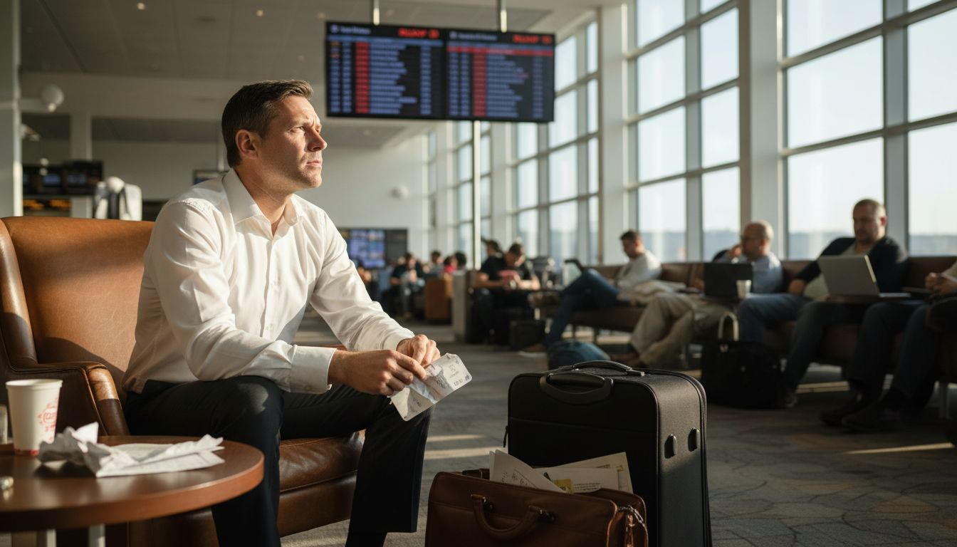 Upset executive waiting in airport lounge