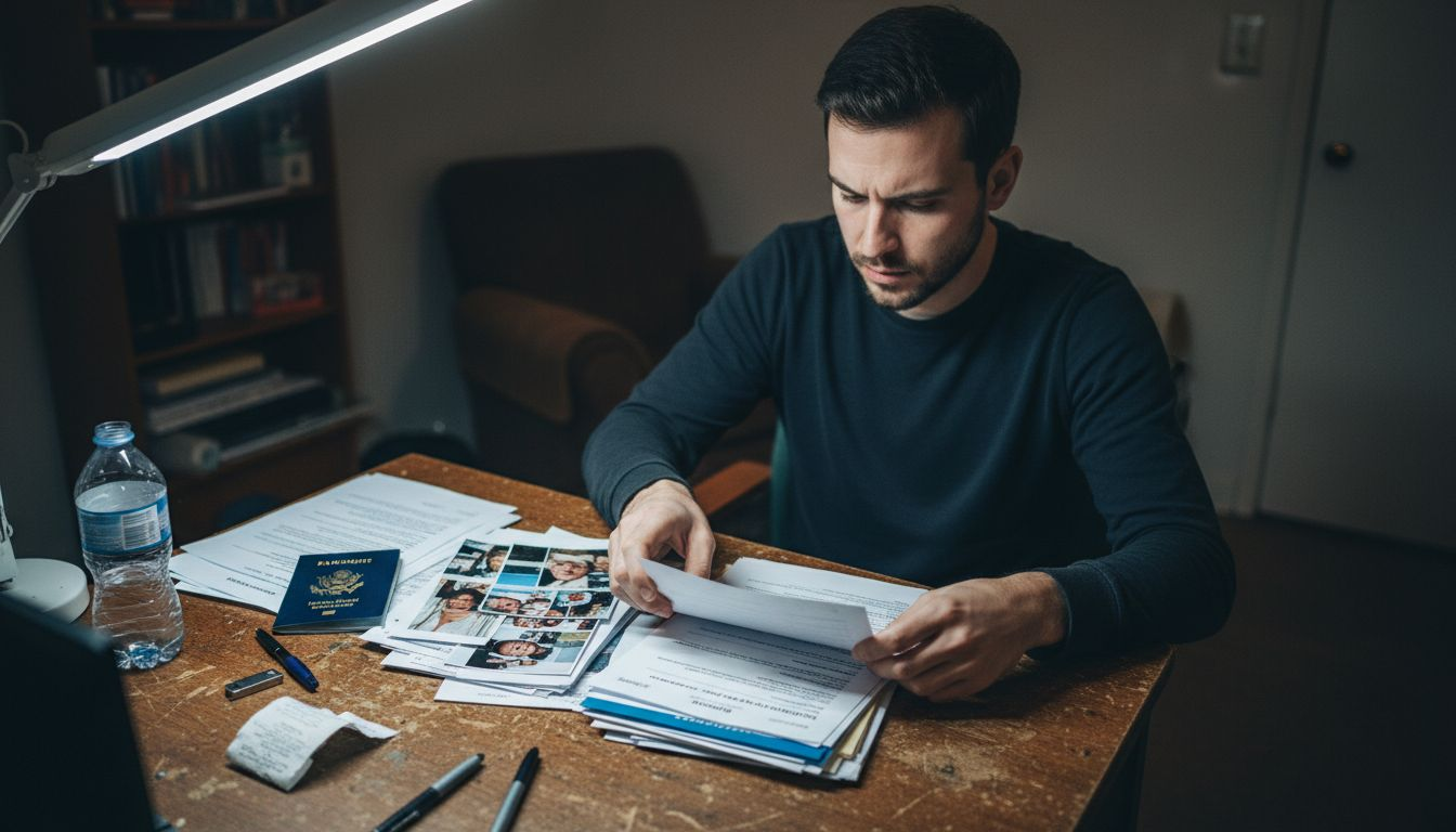Man preparing passport renewal documents at desk
