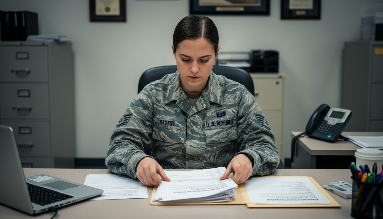 Servicewoman organizing official travel documents