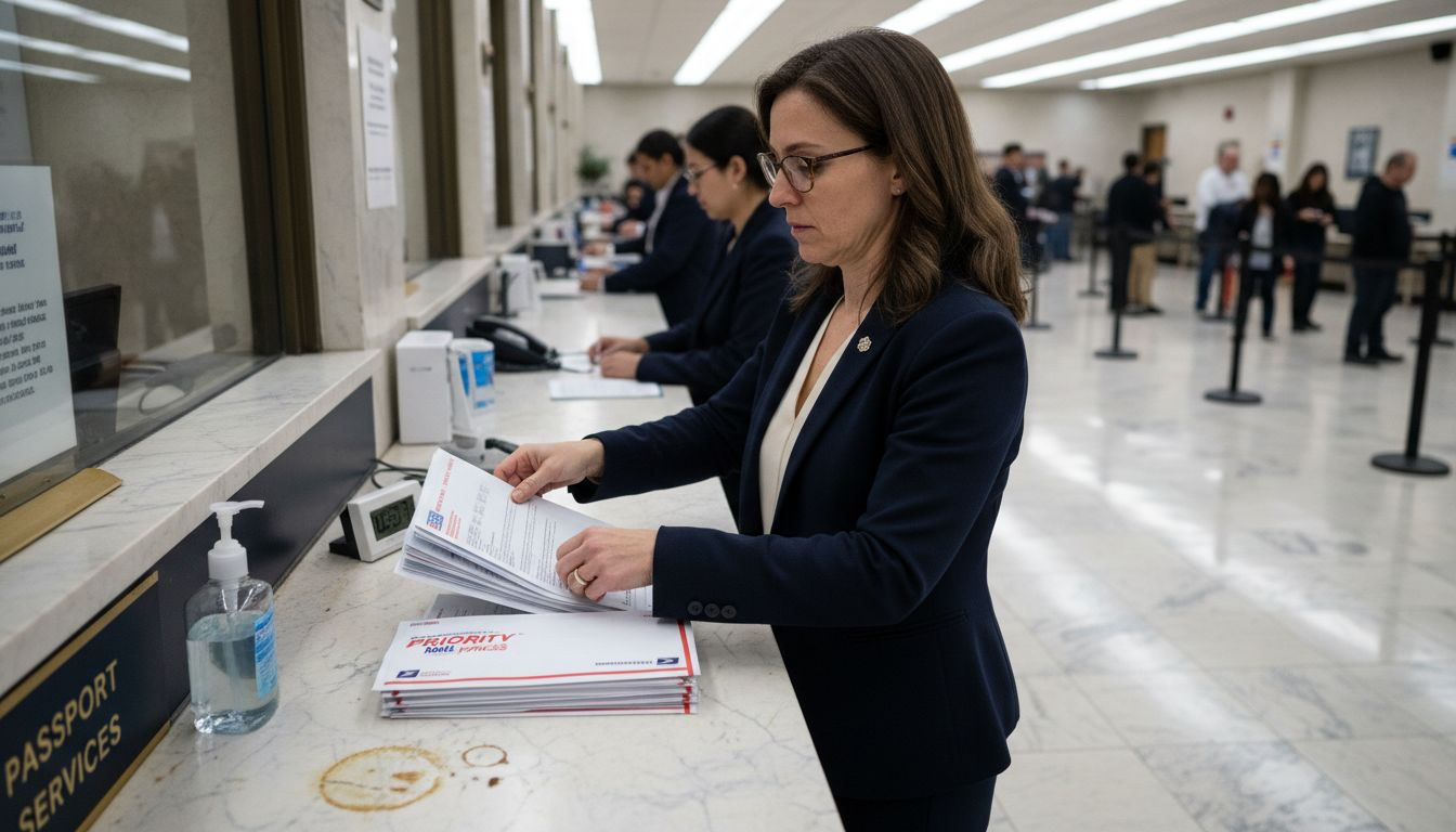 Woman preparing passport documents at agency window