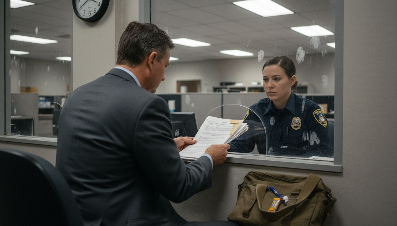 Man submits documents at agency interview window