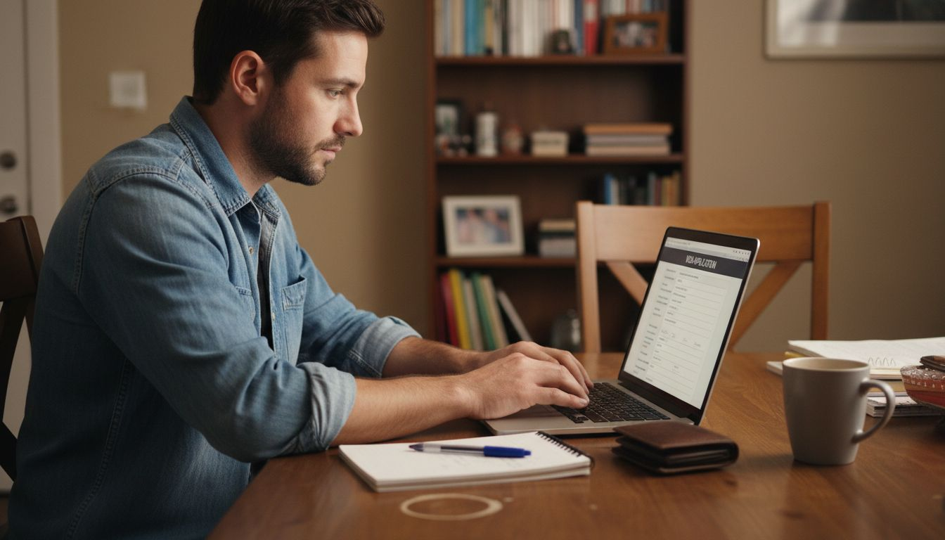 Man typing visa application form at table