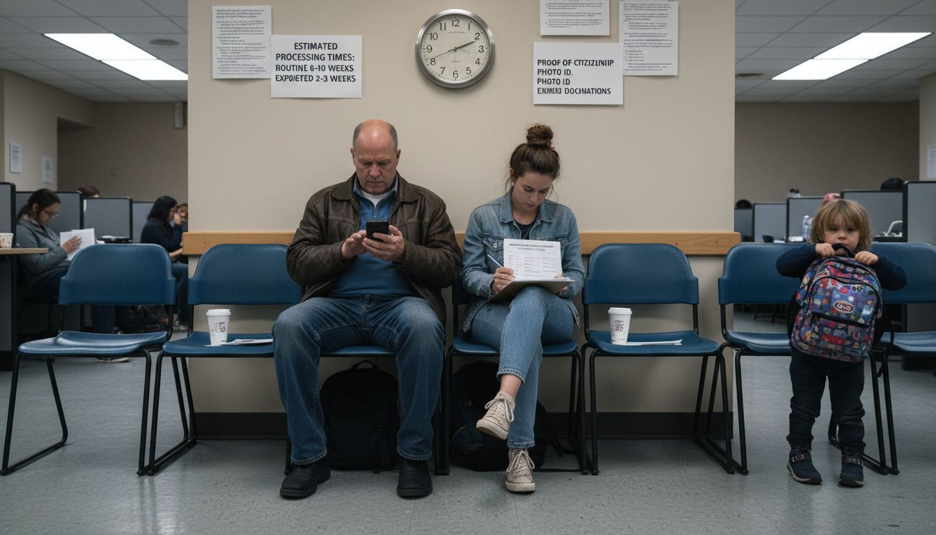 Travelers waiting in passport office seating area
