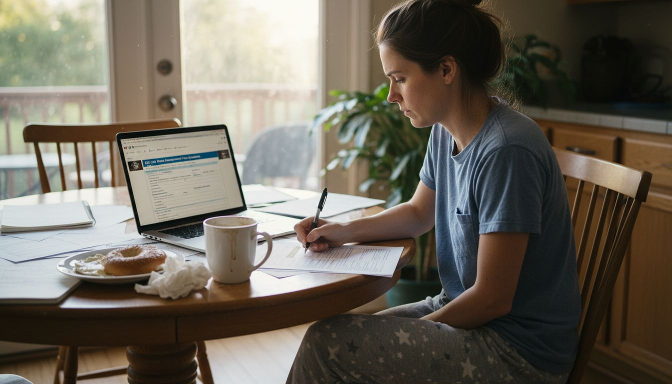 Woman filling DS-160 form at kitchen table
