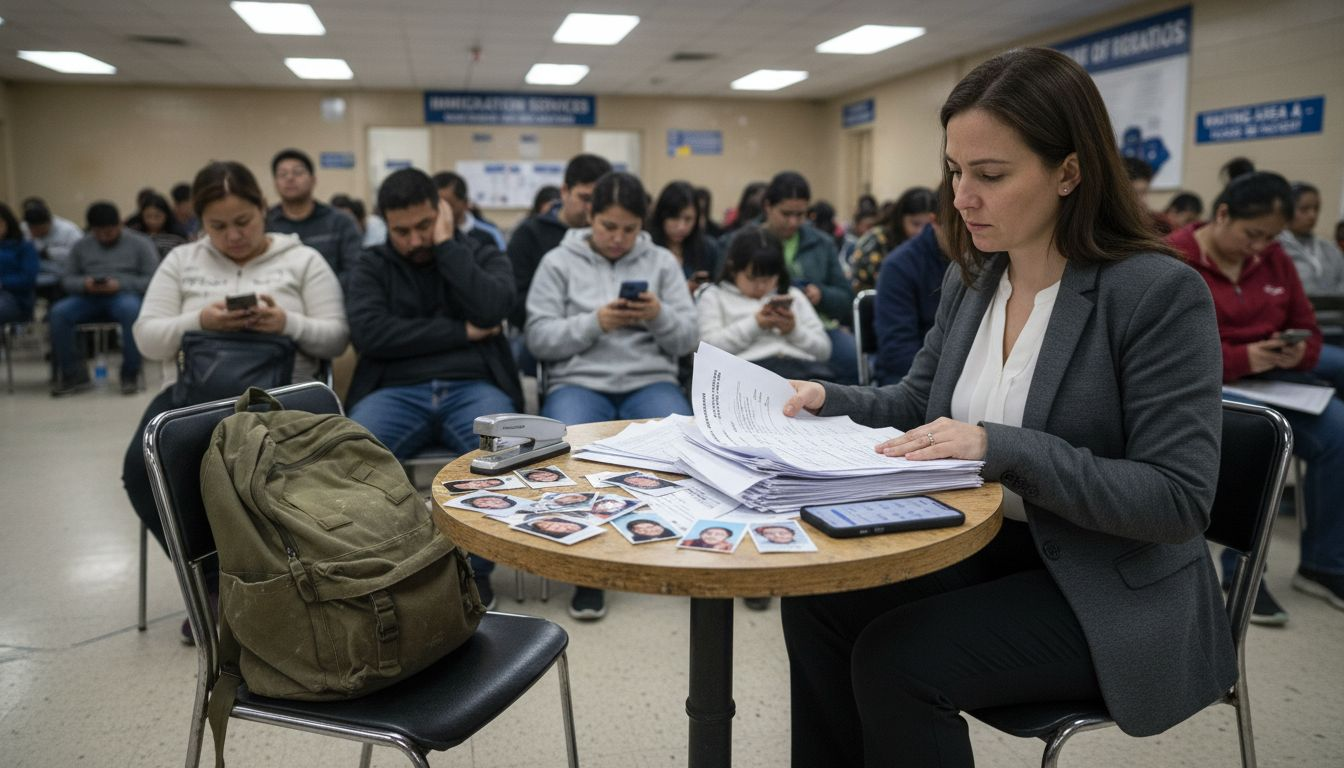 Woman reviewing visa documents in waiting area