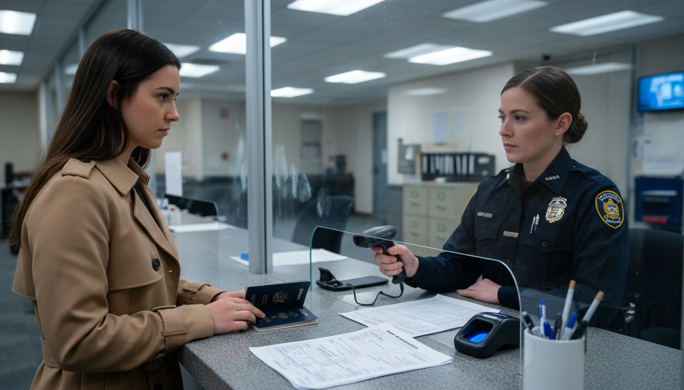 Applicant and agent during passport security check