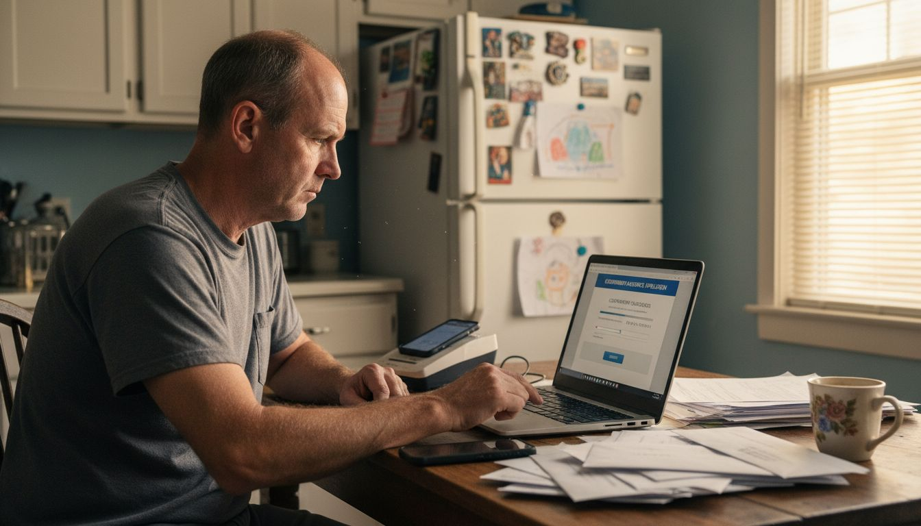 Man uploading visa files from busy kitchen