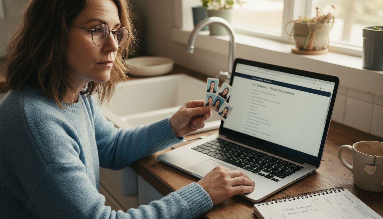 Woman checking passport photo requirements