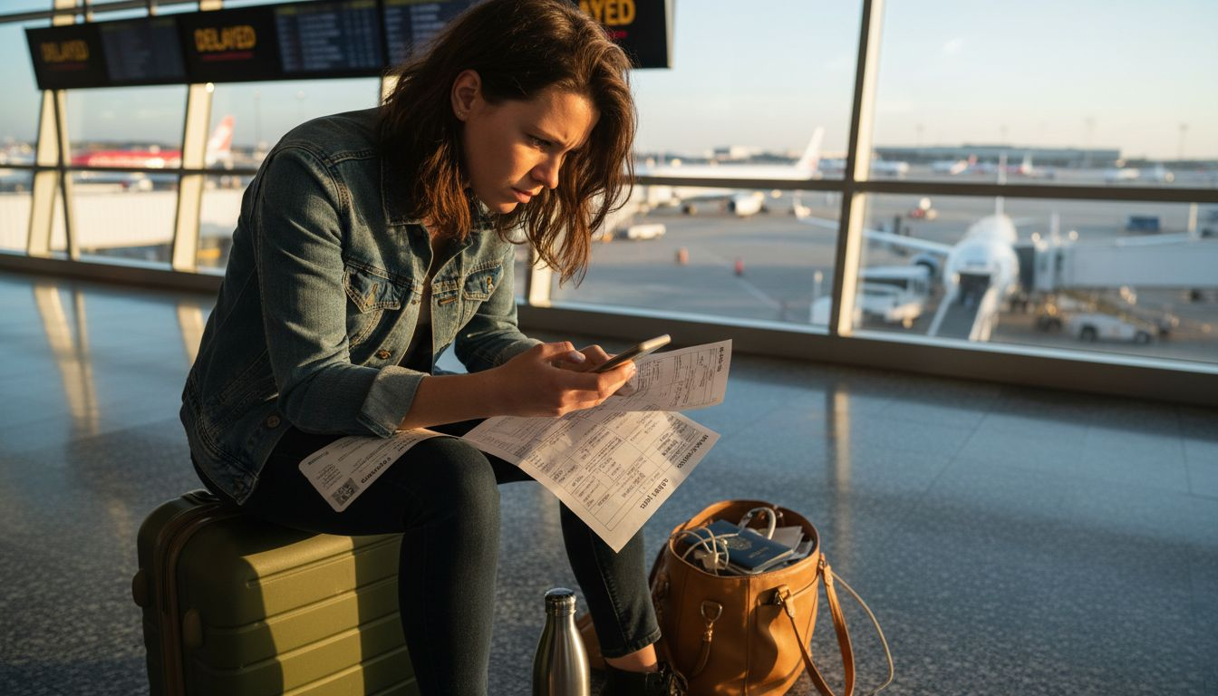 Traveler preparing urgent visa papers at airport