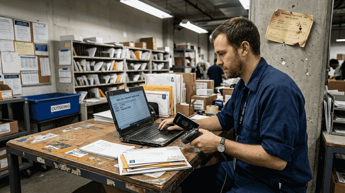 Agency worker reviewing passport documents