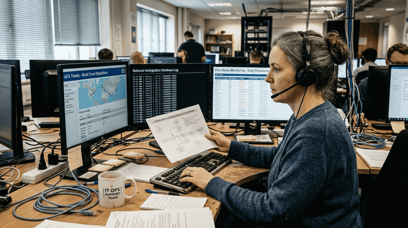 Manager reviewing visa database screens in office