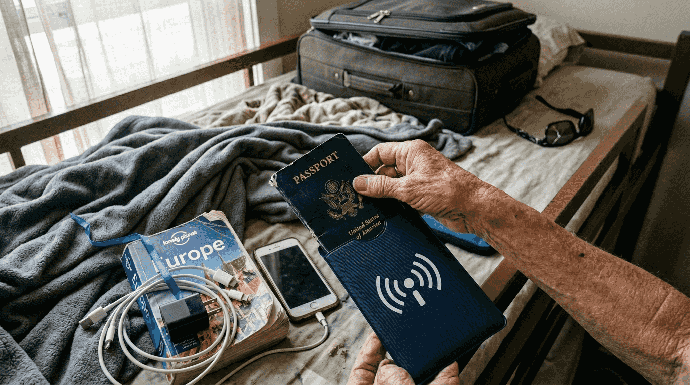 Close-up of passport and rfid-blocking sleeve