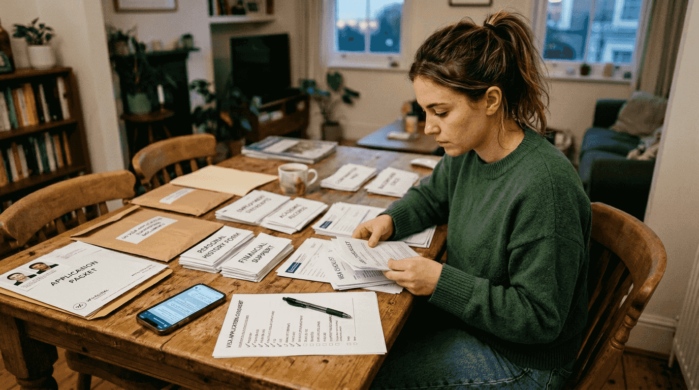 Applicant sorting and organizing visa documents