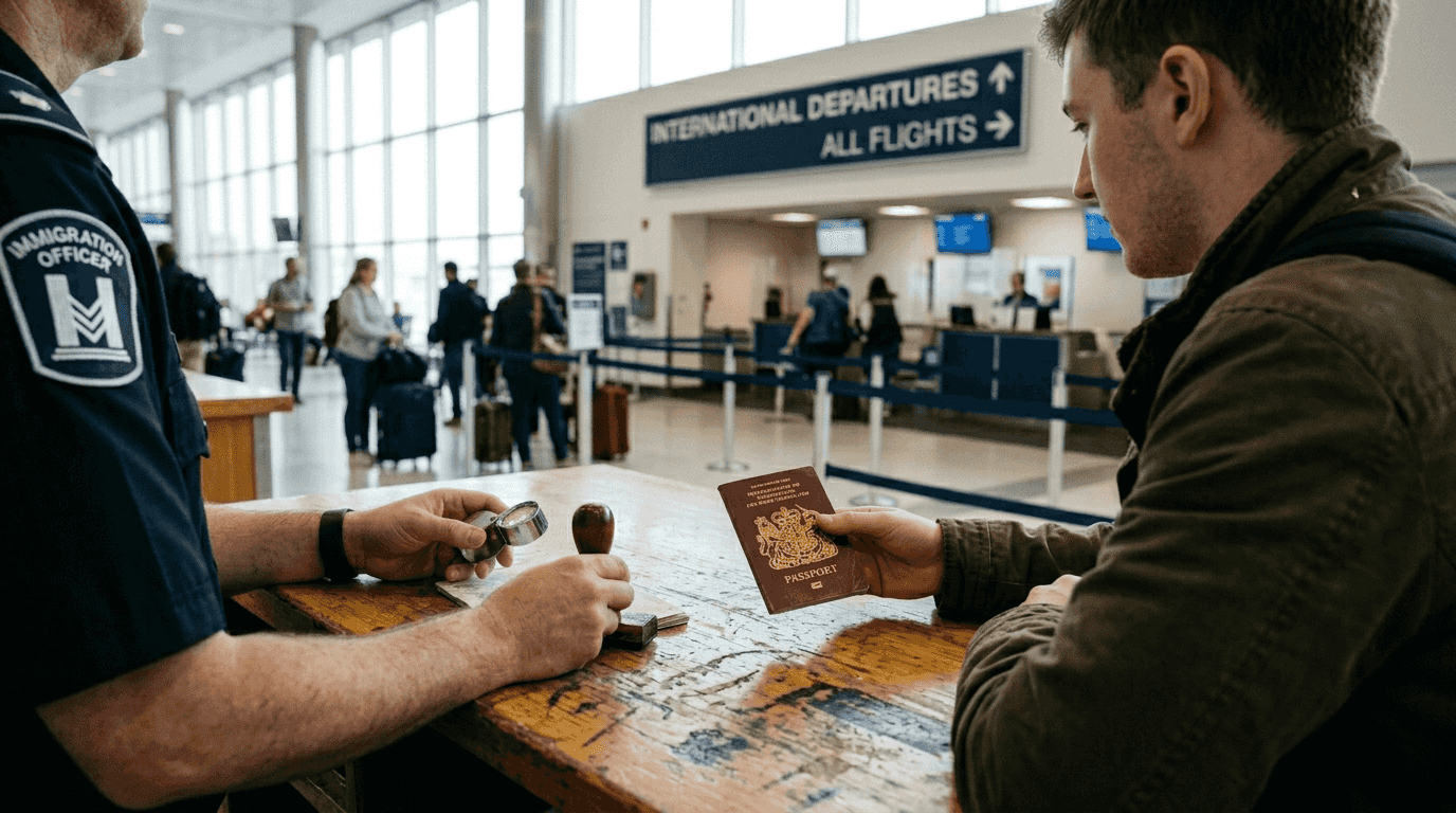 Travel document being authenticated at airport desk