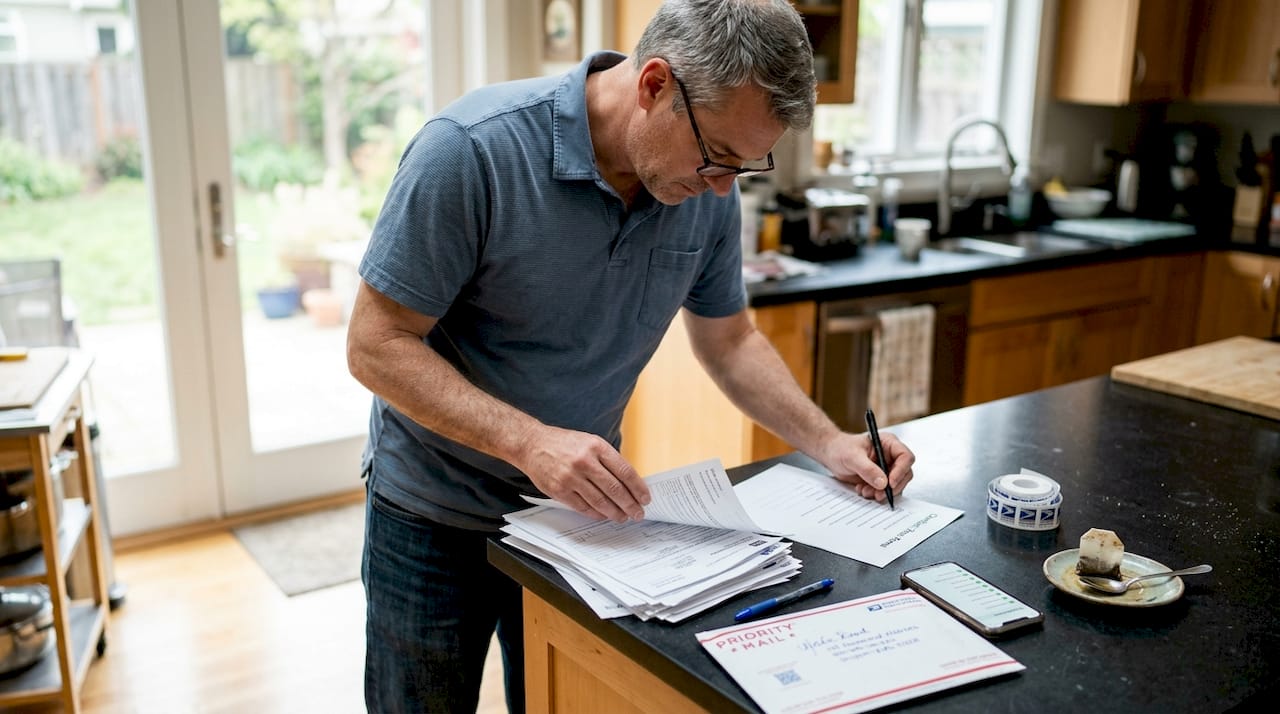 Man reviewing forms before mailing at kitchen