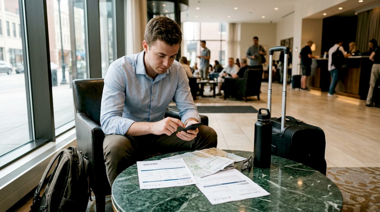 Man organizing travel documents in hotel lobby