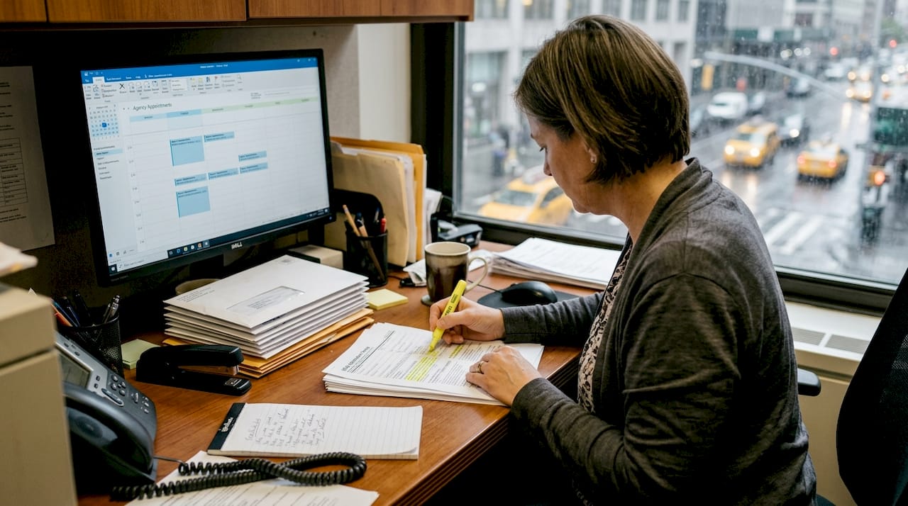 Expeditor checking visa documents at downtown office