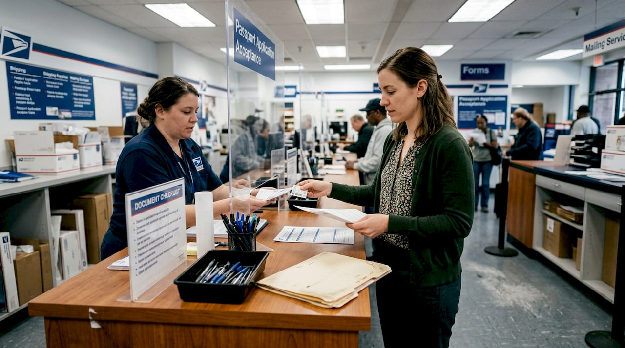 Woman submitting paperwork at passport office