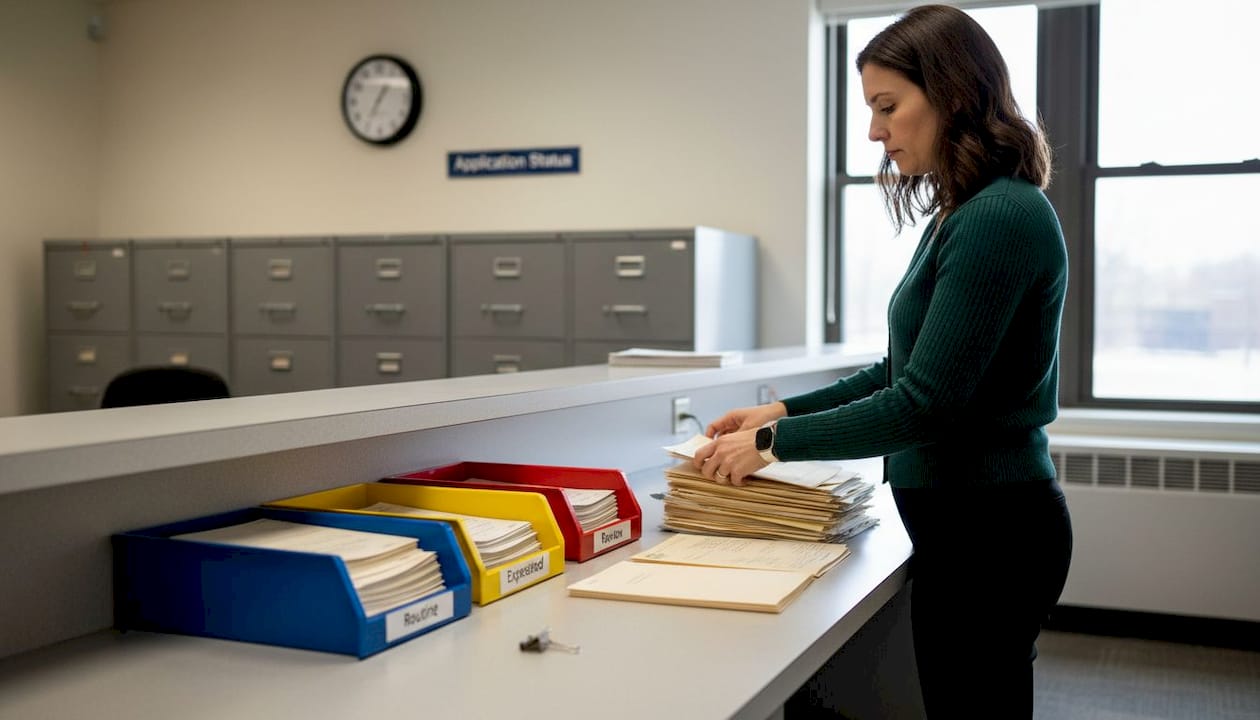 Clerk organizing passport application folders