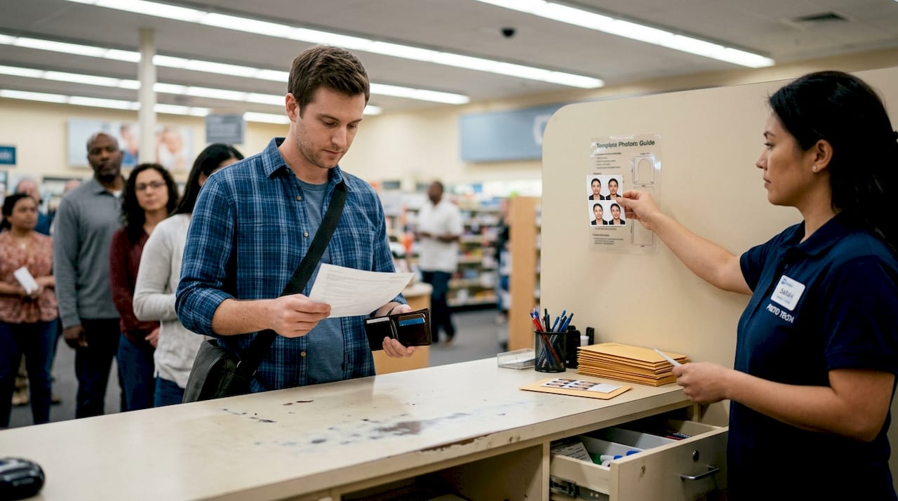 Man checking passport photos at pharmacy counter