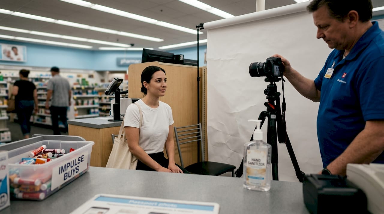 Getting passport photo taken at pharmacy
