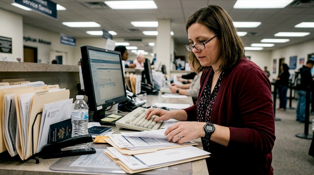 Worker sorting passport applications at desk