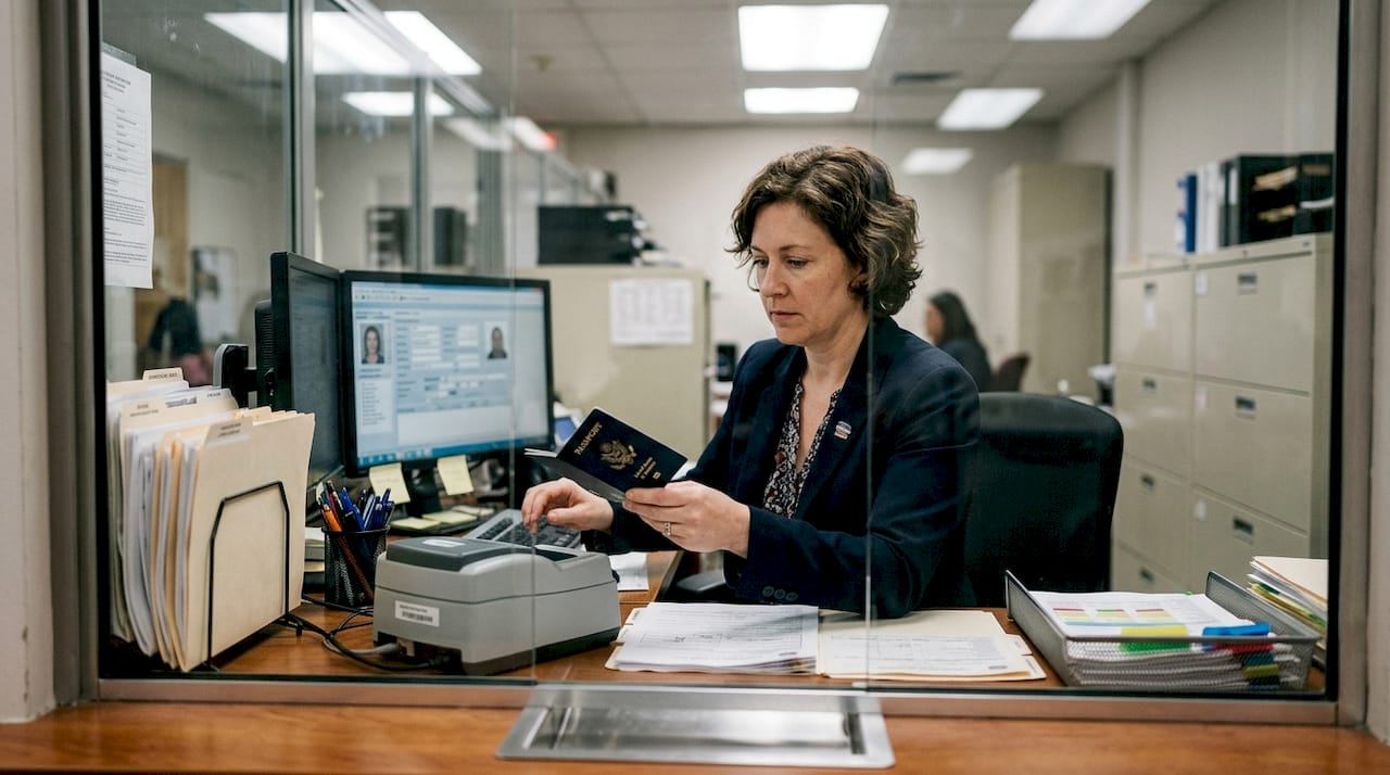 Official scans passport in secure office booth