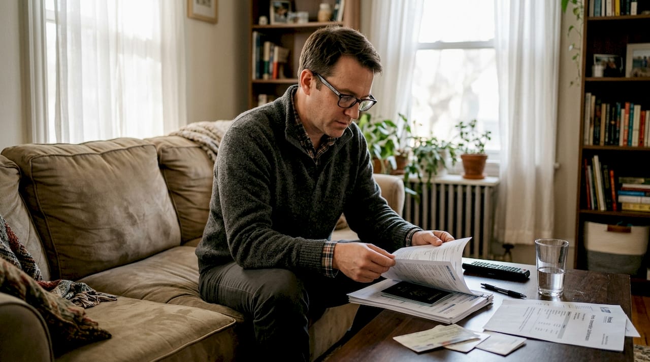 Man reviewing visa documents on living room sofa