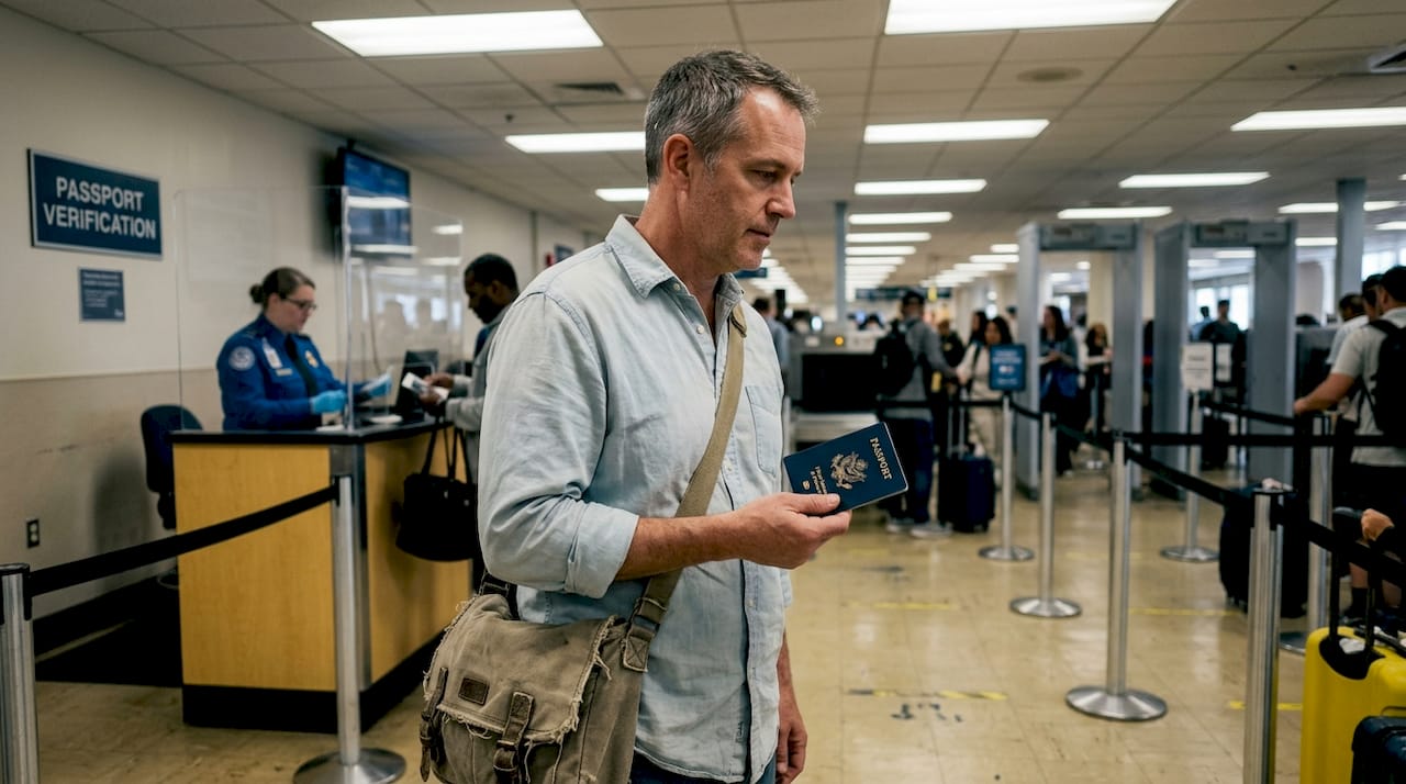 Man at airport security with biometric passport
