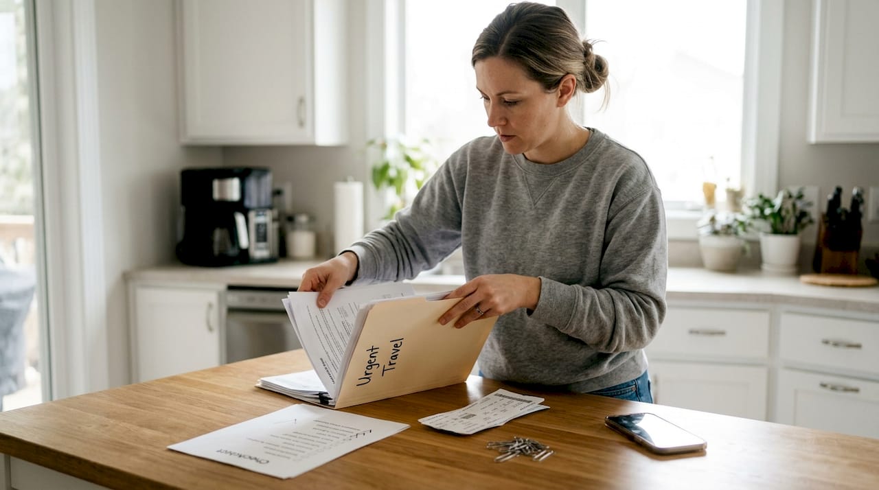 Traveler assembling urgent document checklist